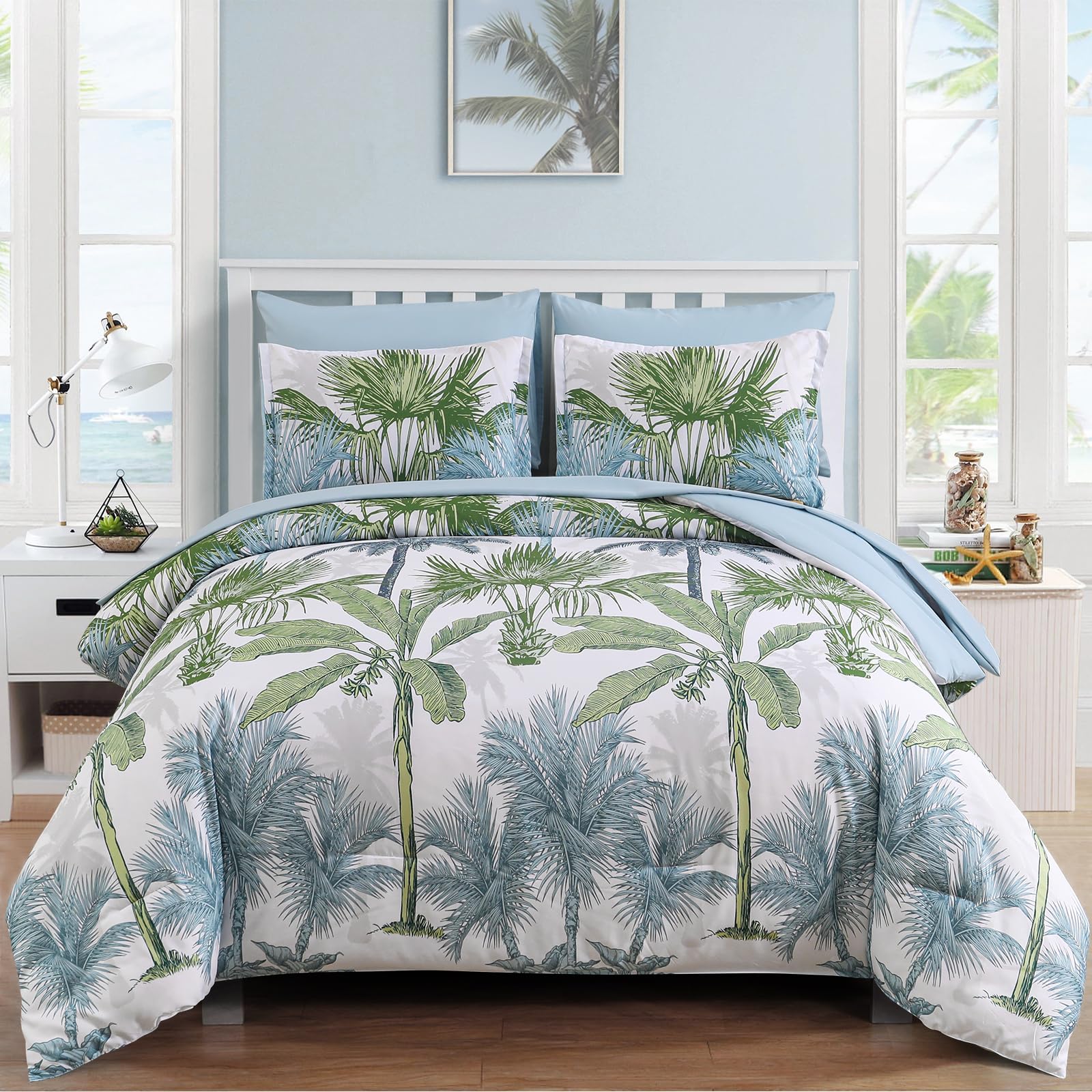 Wongs Bedding Botanical Comforter Set King, 7 Pieces Blue Palm Tree Bed In A Bag, Reversiable Soft Microfiber Coastal Beach Bedd